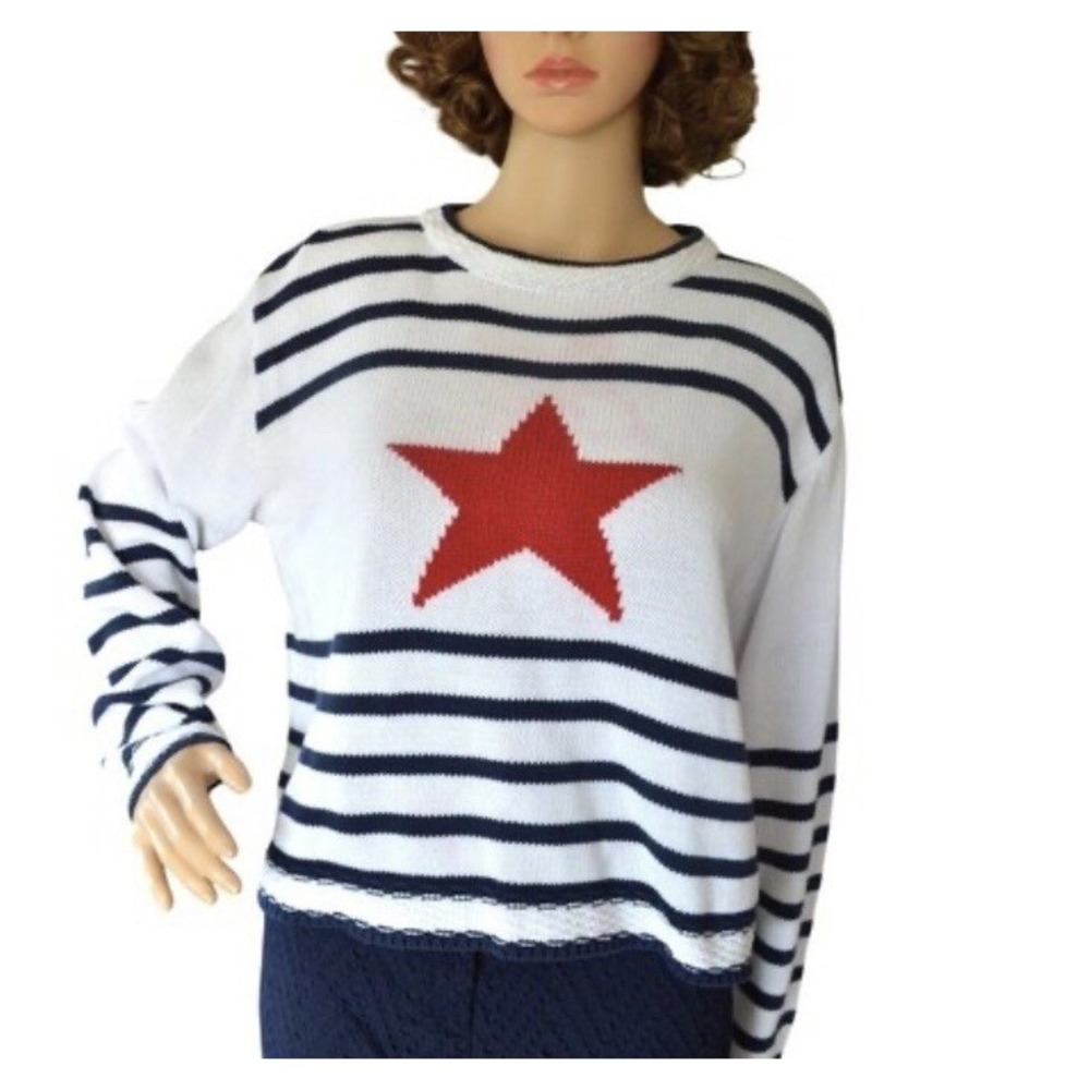 VTG Liz Claiborne XL Sweater Sport Pullover Y2K Nautical Star White Blue Knit - Picture 7 of 9